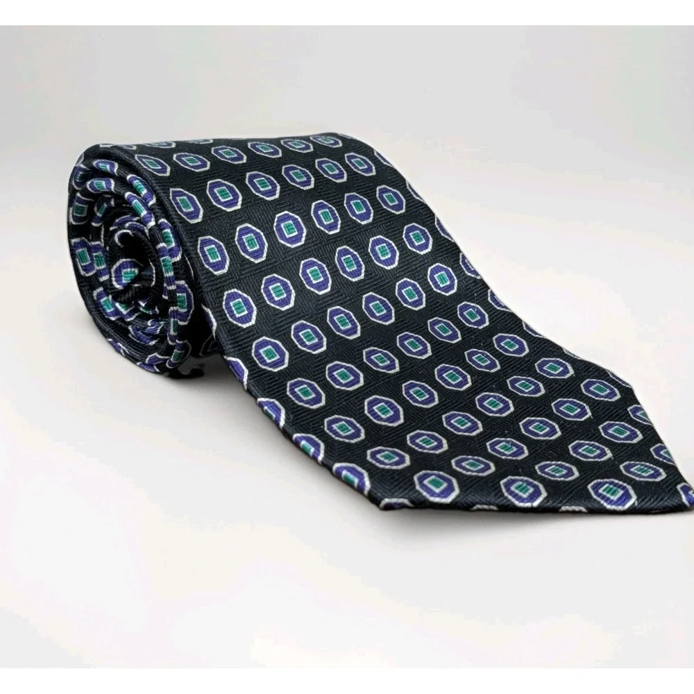 Vintage Polo Ralph Lauren Mens Silk Jacquard Tie Hand Made USA Geometric Foulard